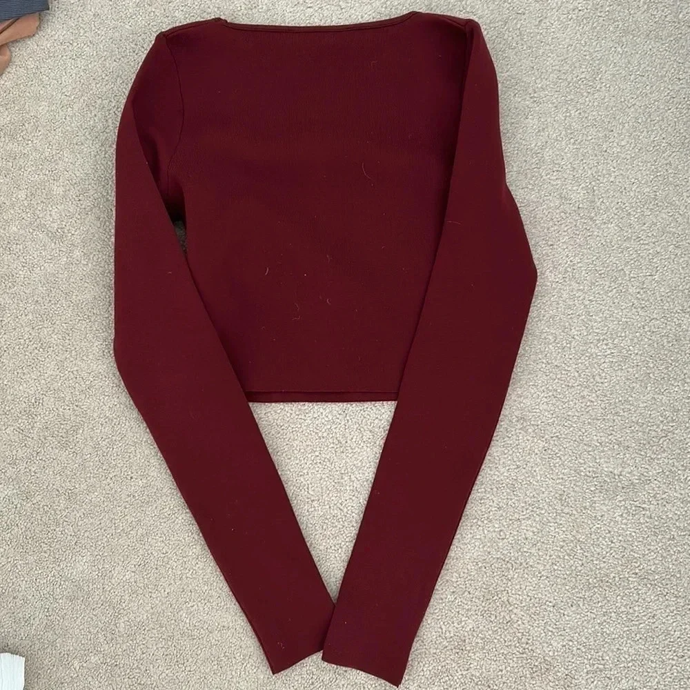 Zara cropped top size medium square neck maroon, red long sleeve